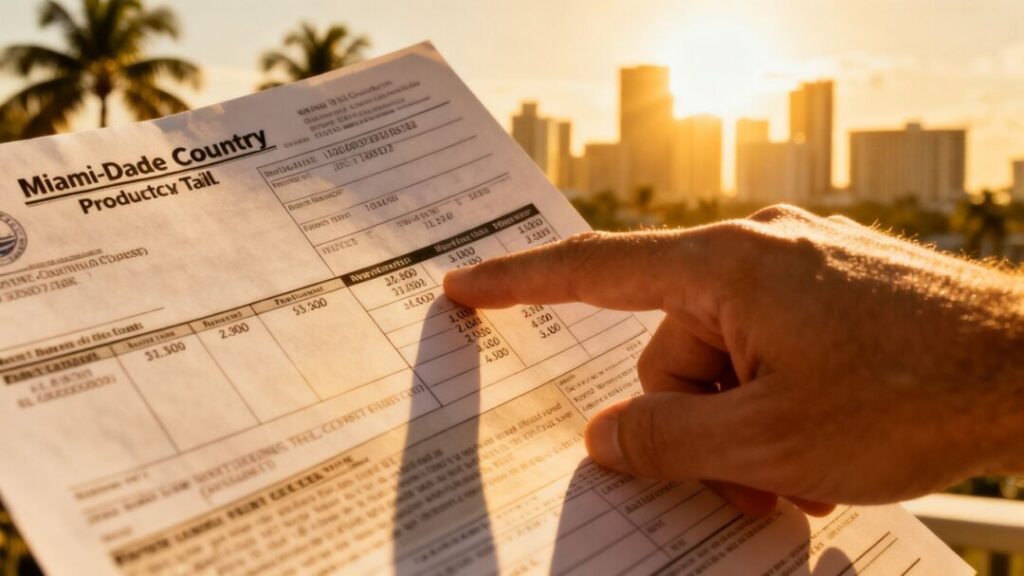 Miami-Dade property tax notice with hand pointing.
