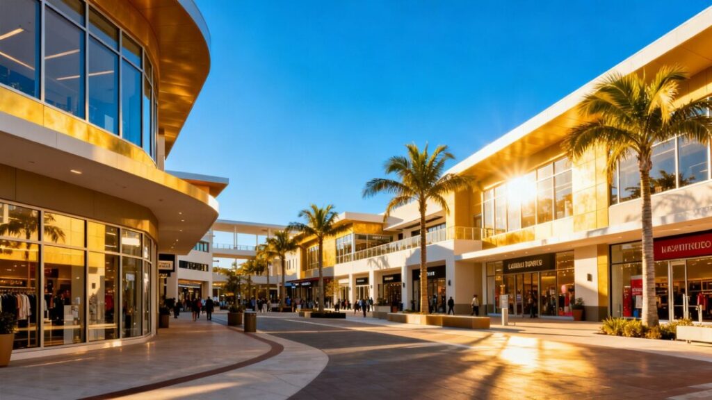 Miami shopping center with palm trees and storefronts.