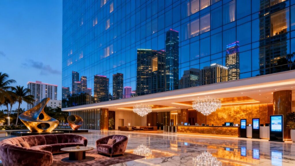 Modern skyscraper and luxurious hotel lobby interior.