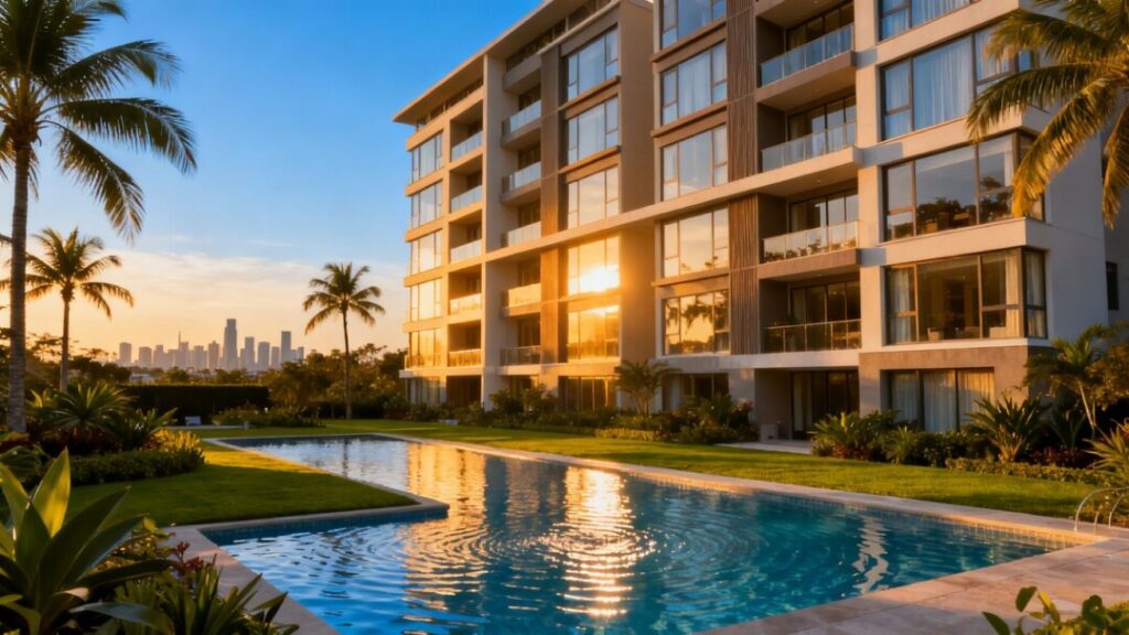 South Florida apartment complex with pool and palm trees.