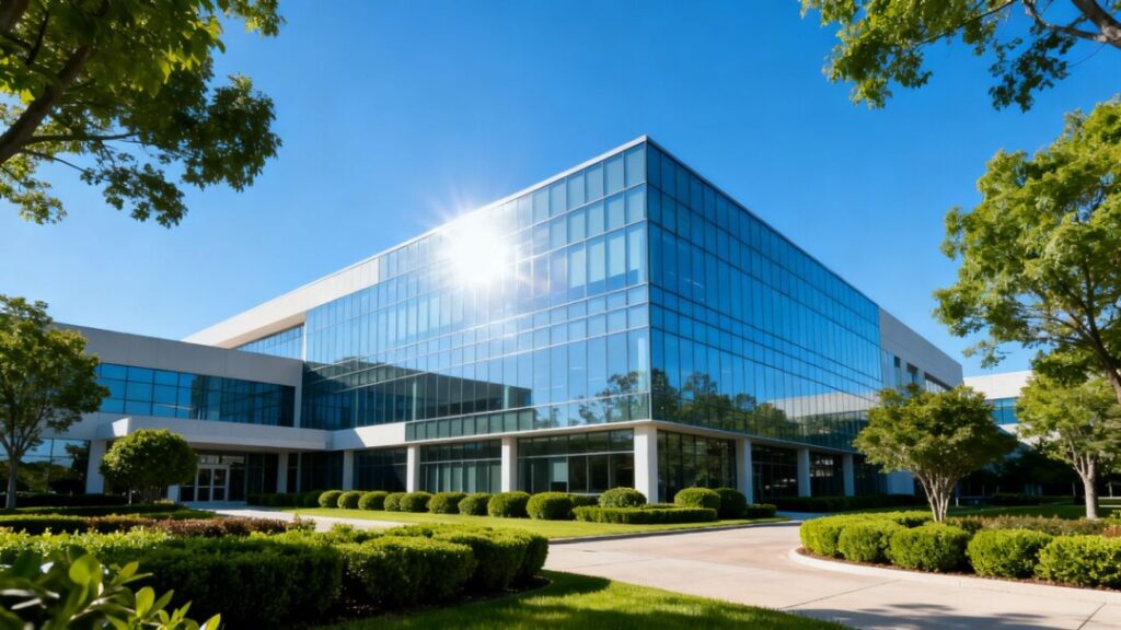 South Florida office building with glass facade and greenery.