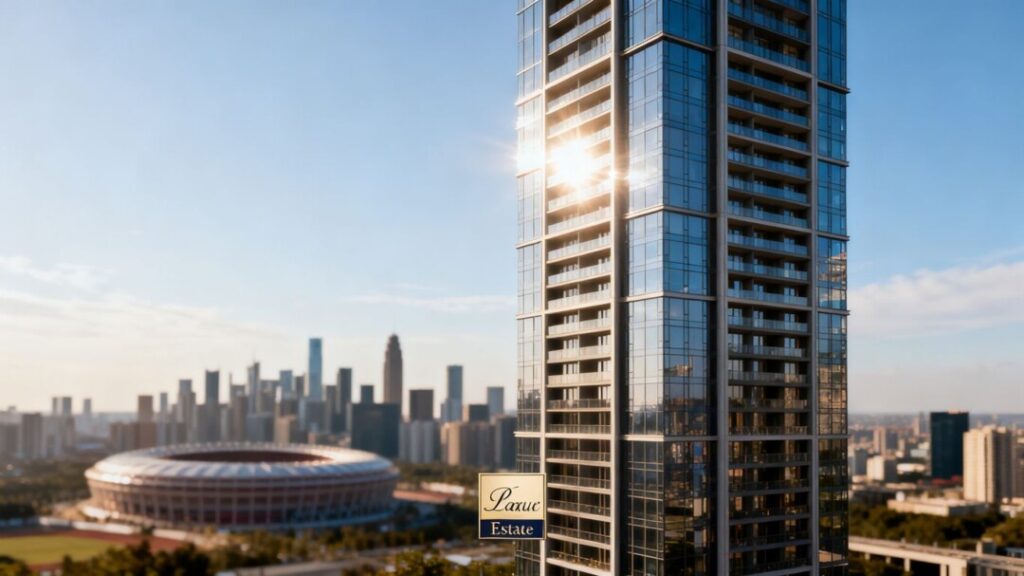 Luxury apartment building overlooking a city skyline.