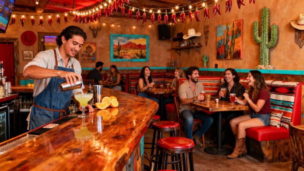 Southwestern bar interior with patrons and bartender.