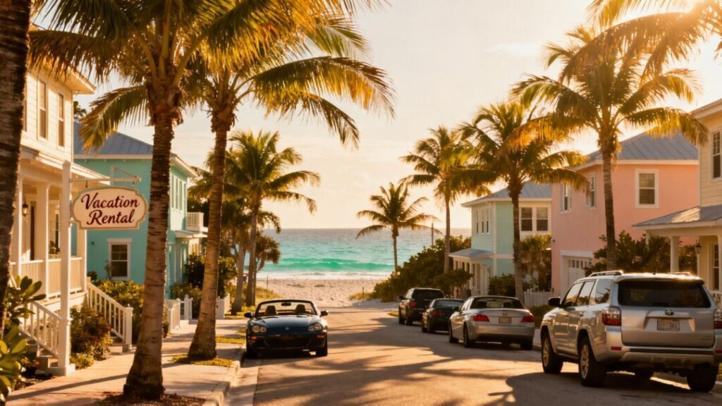 Florida neighborhood with houses and palm trees.