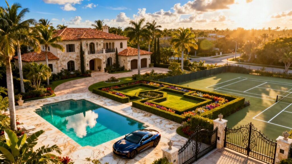 Aerial view of luxurious Miami gated community streets.