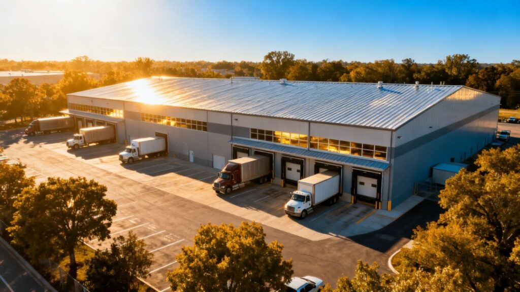 Industrial building with trucks and parking lot.