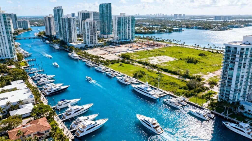Fort Lauderdale waterfront with yachts and new construction.