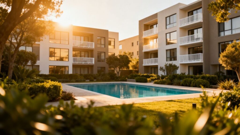Modern apartment complex with pool and landscaping.