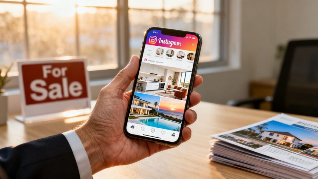 Real estate agent using Instagram on a smartphone.
