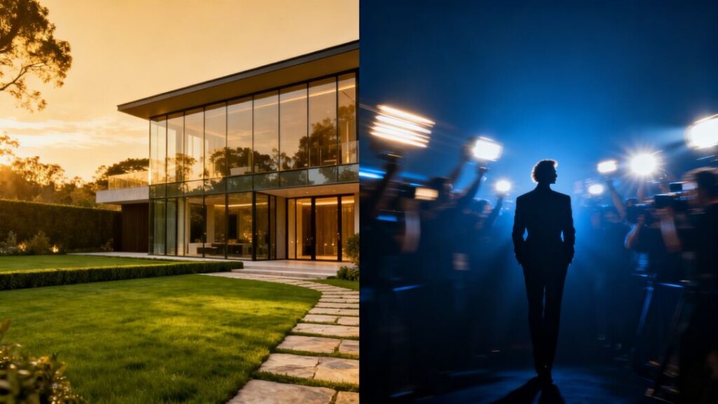 Luxury house versus blurred celebrity background.