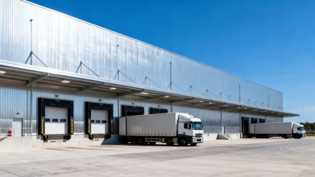 Industrial warehouse with trucks, blue sky, and metallic facade.