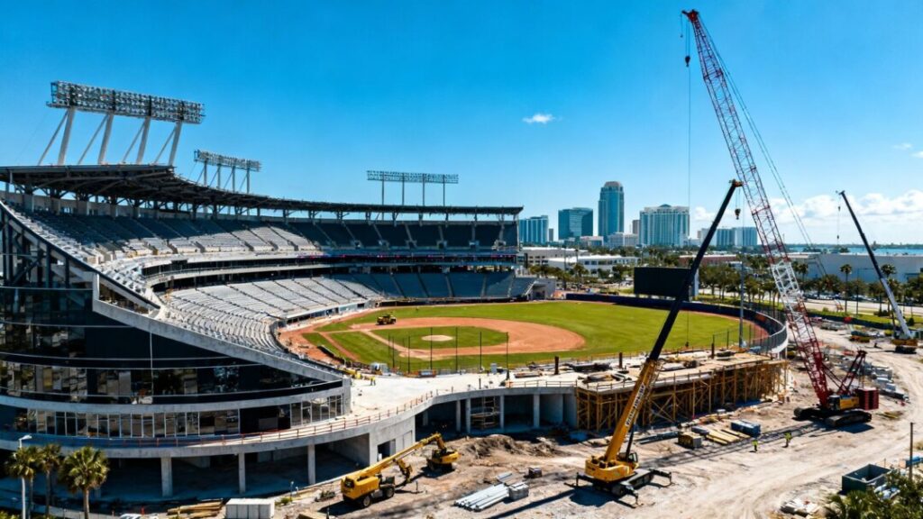 Tampa baseball stadium construction site with skyline.