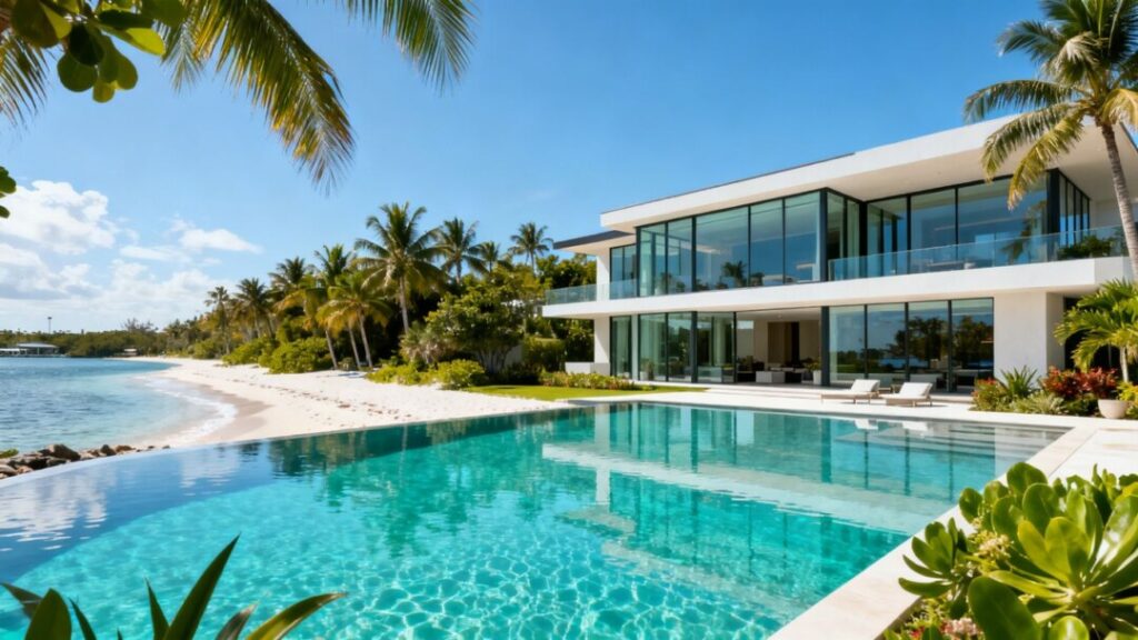 Crystal Waters Estate waterfront mansion with infinity pool.