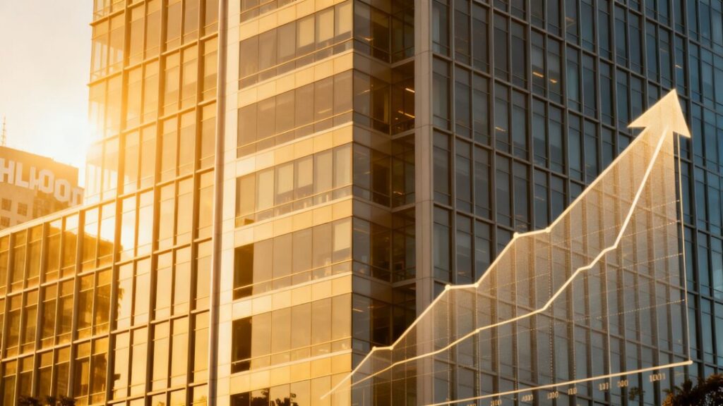 Hollywood office building with a positive financial trend overlay.