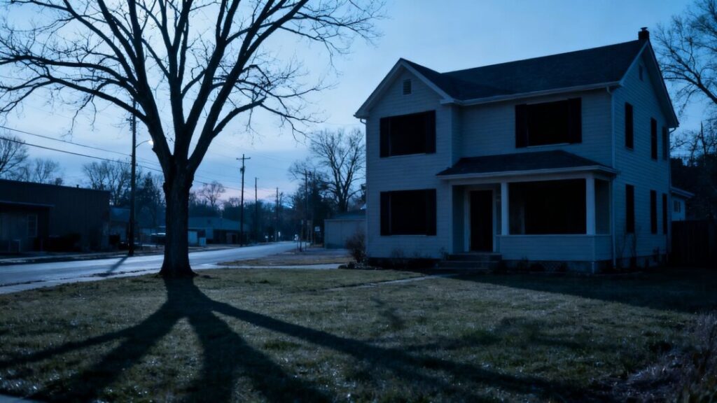Empty house on a quiet street at dusk.