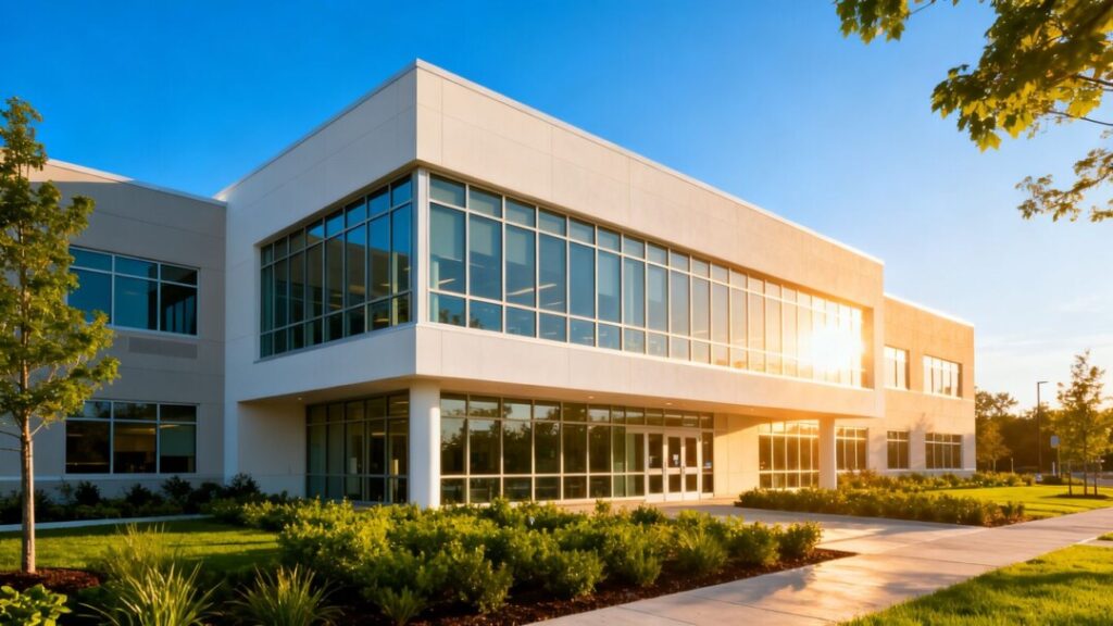 Bradenton Medical Complex exterior with landscaping and blue sky.