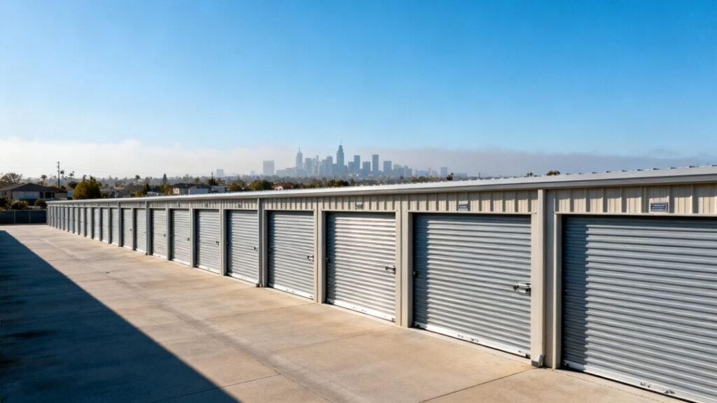 Self-storage facility with rows of metal doors.