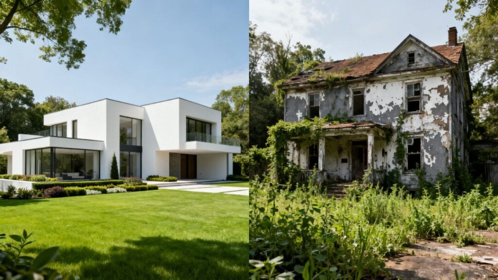 Luxury mansion next to a neglected, rundown house.