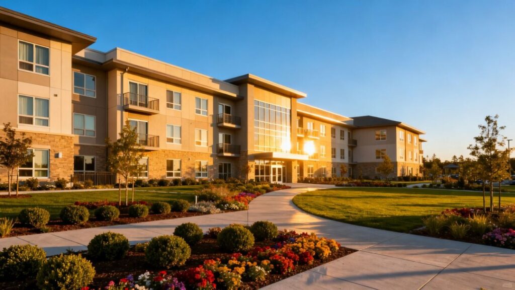 Seniors housing complex with landscaping under a clear sky.
