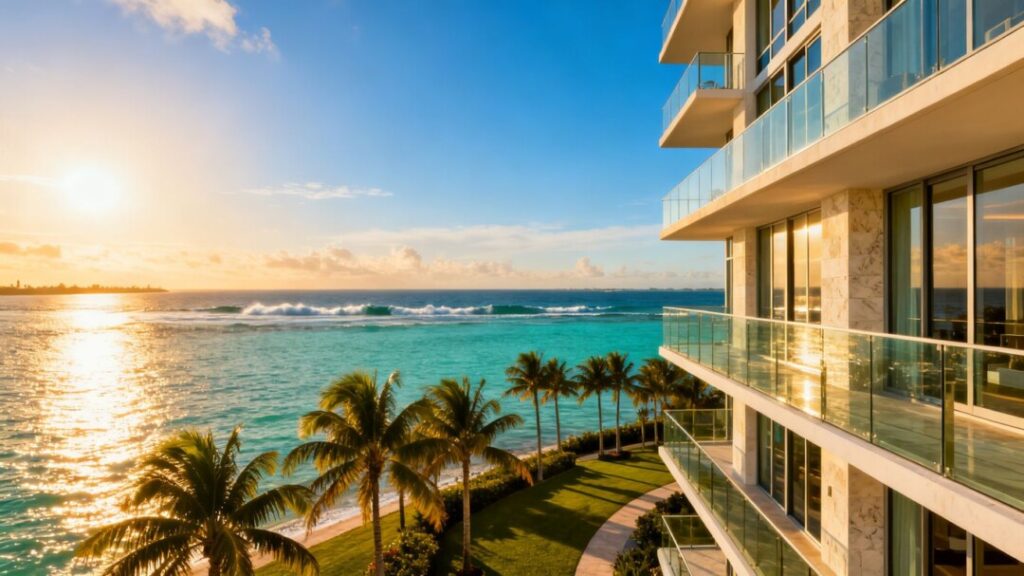 Luxury condo building on Fisher Island with ocean views.