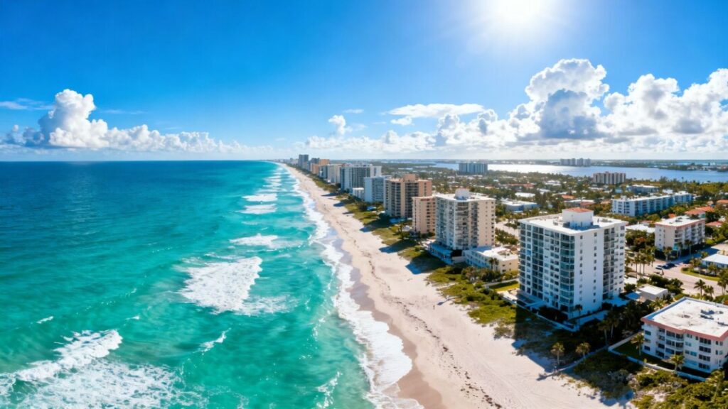 Florida coastline with many condo buildings and ocean.