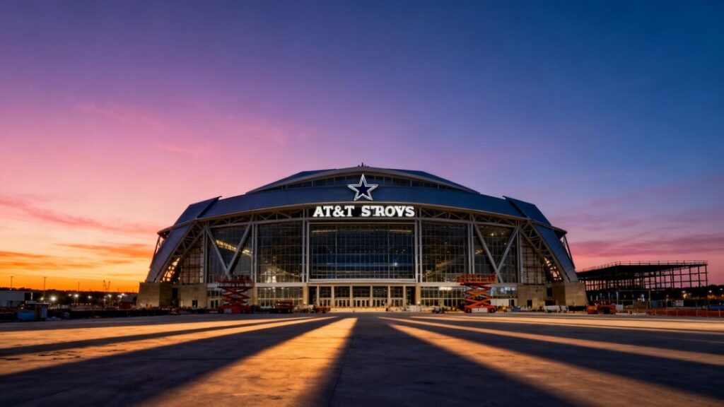AT&T Stadium exterior at dusk, Dallas Cowboys home.