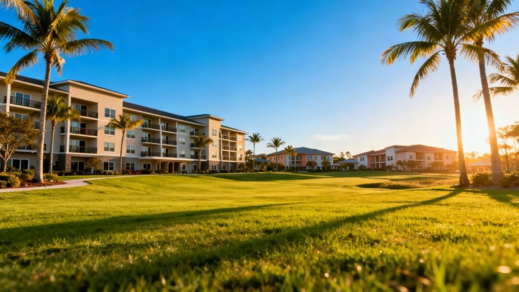 Florida senior housing community with buildings and palm trees.