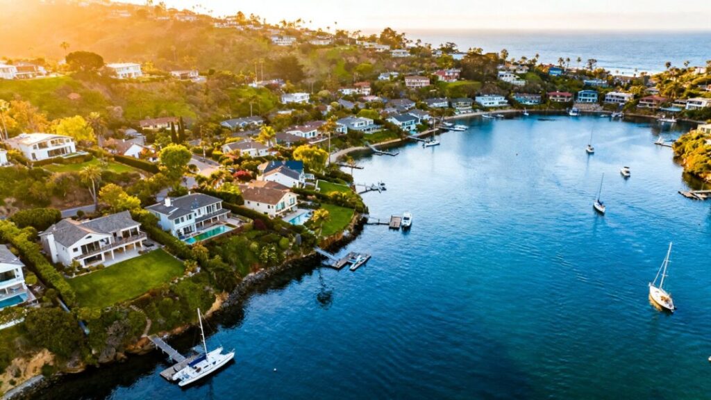 Coastal community homes by a blue cove with boats.