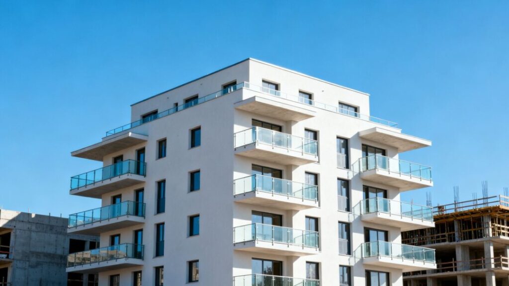 Luxury apartment building with balconies against a blue sky.