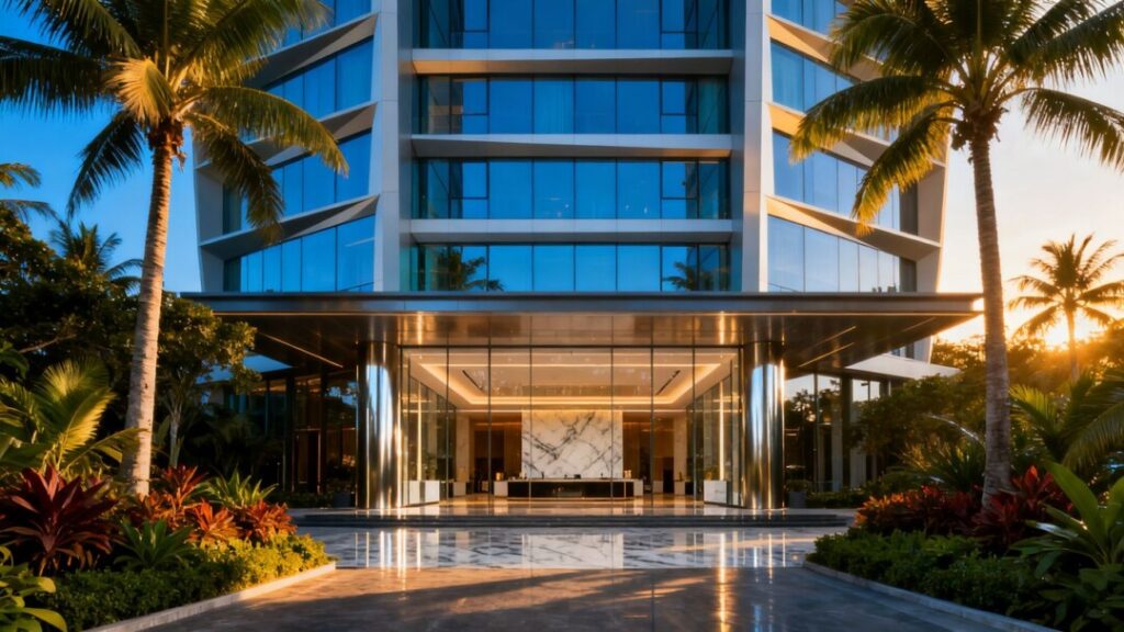 Hotel Maren exterior with palm trees and blue sky.