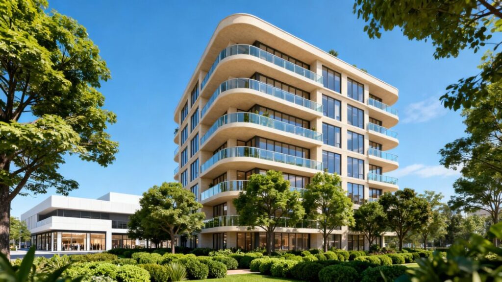 Rendering of a new apartment complex on a former shopping center site.