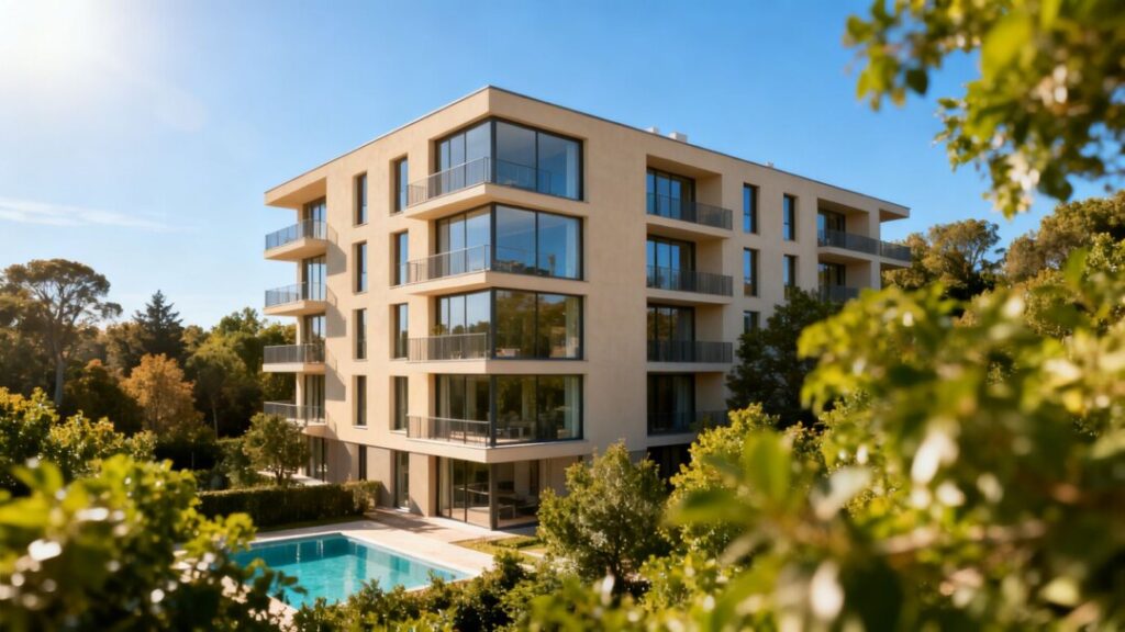 Modern student housing building near a university campus.