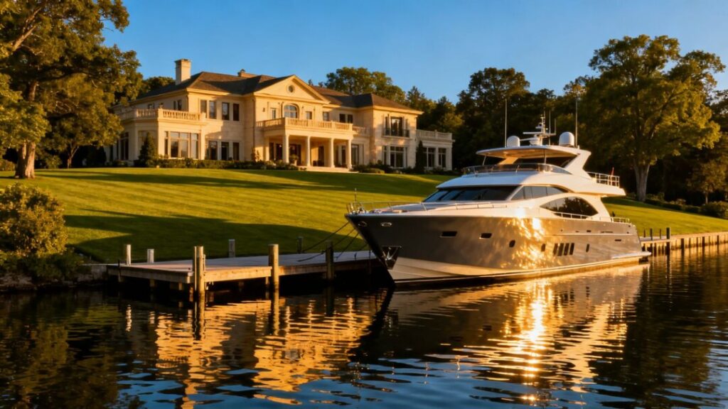 Luxury mansion with yacht and waterfront view.