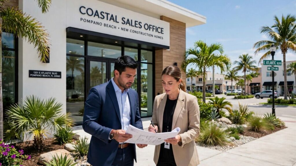 Developer reviews plans outside a modern Pompano Beach sales office.