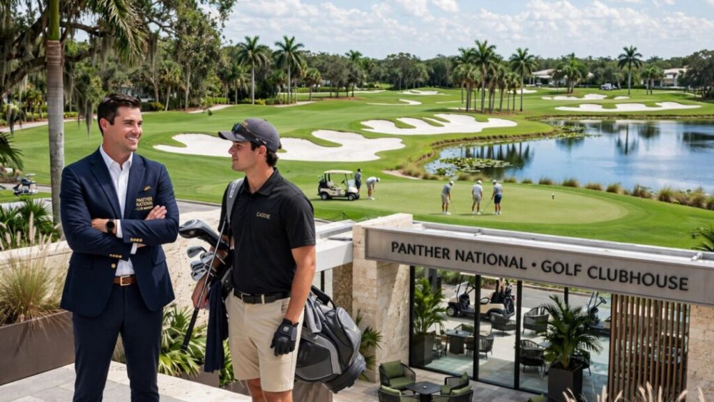 Golf manager overlooking Panther National's lush Florida course