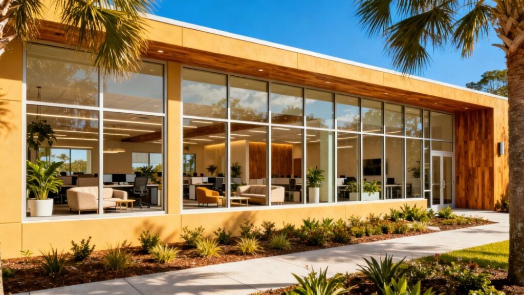 Renovated Orlando headquarters with glass walls, greenery, and contemporary interiors.