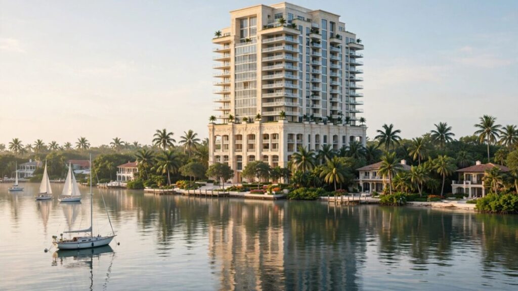 Elegant waterfront tower framed by palms beside calm Biscayne Bay