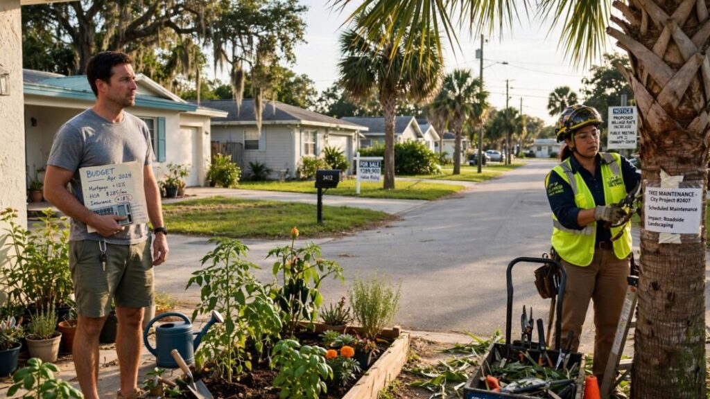 Florida homeowner and municipal worker among neighborhood homes and palms
