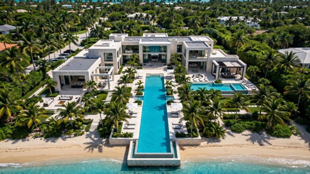 Golden Beach oceanfront mansion with pool, palms, and Atlantic shoreline