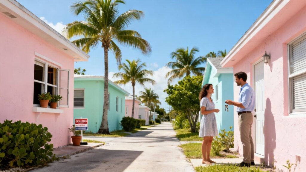 South Florida homebuyers meet an agent outside a pastel house.