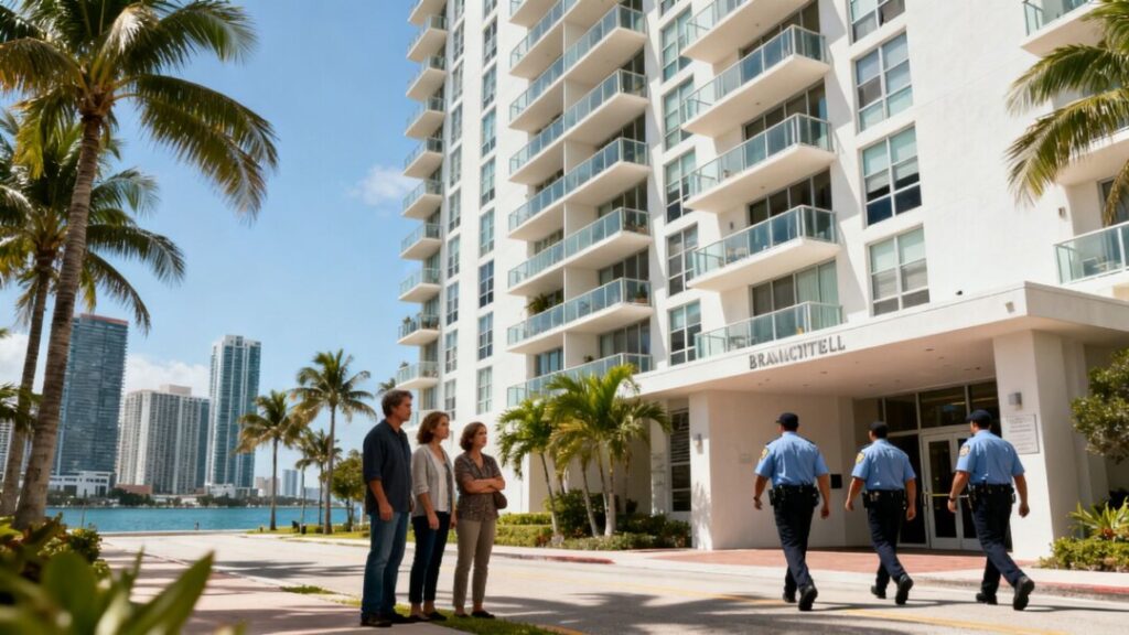 Brickell condo residents meet city inspectors outside a high-rise.