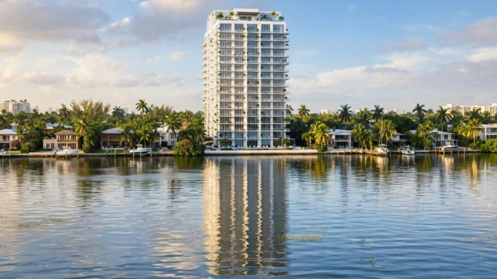 Tula Residences tower rises beside Biscayne Bay in North Bay Village