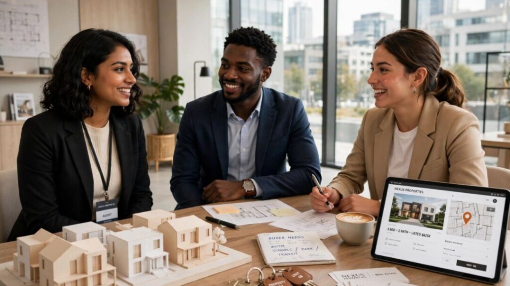 Young real estate professionals meet in a modern office
