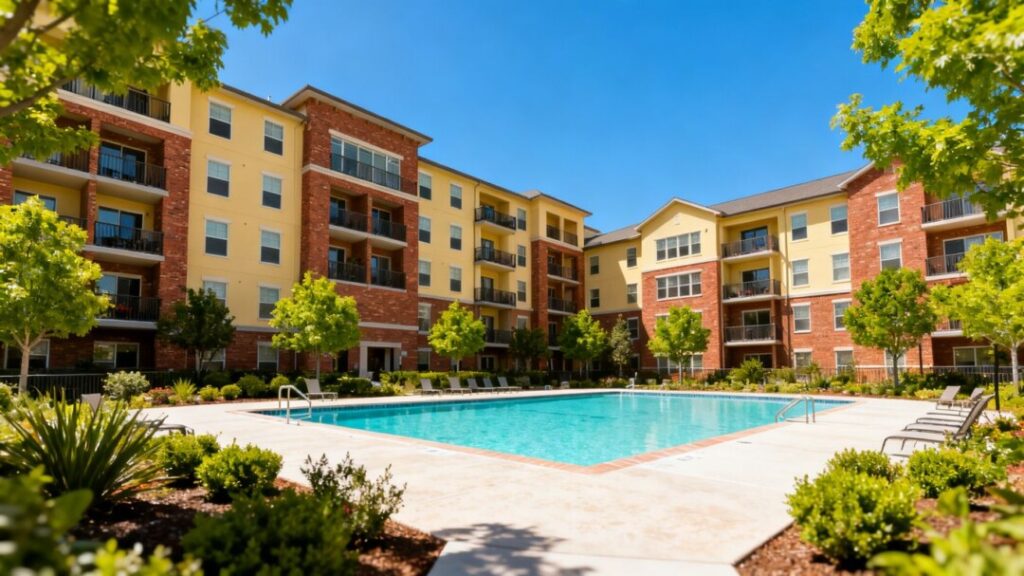 Florida apartment complex with pool and landscaping.