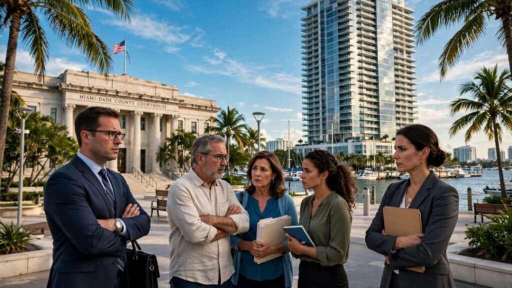 South Florida condo owners and lawyers near a courthouse