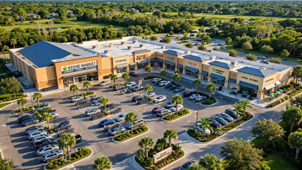 Aerial view of a grocery-anchored shopping plaza in Florida