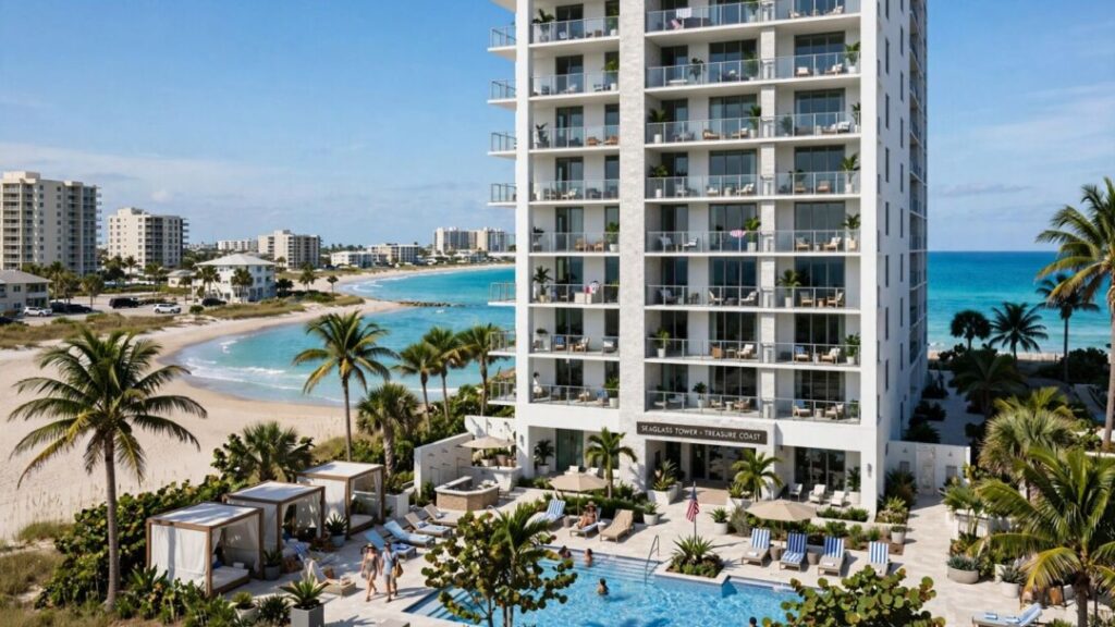 Oceanfront condominium tower overlooking the sunny Treasure Coast shoreline