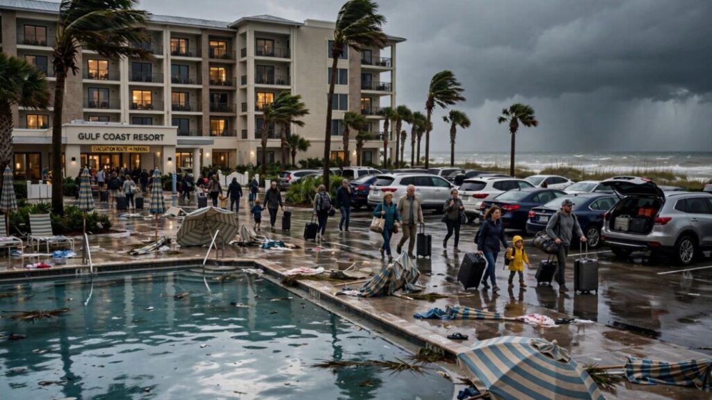 Families leave a Gulf Coast resort beneath dark storm clouds.