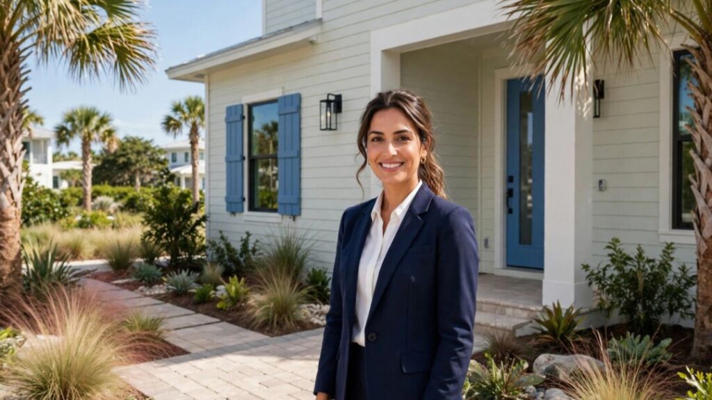 Florida realtor outside a coastal home in sunny Panama City