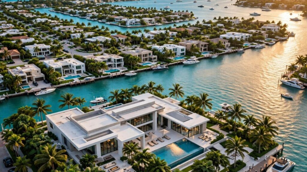 Luxury Miami-Dade waterfront homes and yachts at sunset